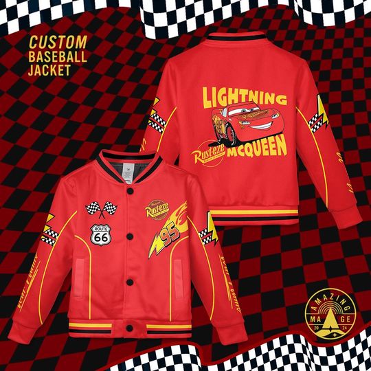 Discover Custom Lighting McQueen 95 Cars Movies Baseball Jacket, Pixar Disney Cars Movies, McQueen Cars Varsity Jackets, Disney Kid Youth Jacket