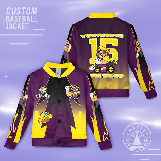Custom Wario Mario Kart Baseball Jacket, Super Mario Jacket, Mario Birthday Boy Shirt, Yoshi Luigi Peach Toad Birthday Jacket Gift