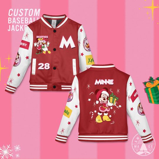 Discover Custom Minnie Daisy Bestie Duo Christmas Baseball Jacket, Disney Kids Varsity Jacket, Disneyland Christmas Party Gift