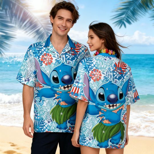 Discover Stitch Hawaiian Shirt, Tropical Disney Couple Shirt, Cartoon Beach Button Up, Summer Vacation Family Outfit 2026 New