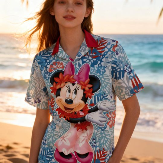 Discover Minnie Mouse Hawaiian Shirt, Tropical Disney Vacation Button Up, Aloha Floral Summer Shirt, Disney Cruise Outfit 2026