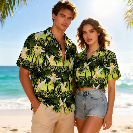Tinkerbell Hawaiian Shirt, Disney Fairy Tropical Button Down, Lime Green Summer Vacation Shirt, Magical Palm Tree Aloha Shirt for Men Women