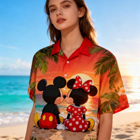 Discover Mickey Minnie Sunset Hawaiian Shirt, Disney Couple Beach Aloha Shirt, Tropical Vacation Button Up, Summer Family Trip Outfit 2026