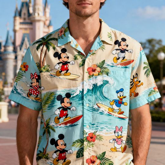 Discover Disney Hawaiian Shirt for Couples, Mickey & Friends Tropical Aloha Shirt, Beach Vacation Matching Outfit, Summer Disney Shirt