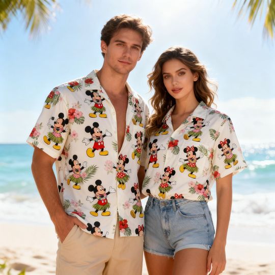 Discover Mickey & Minnie Hawaiian Shirt, Tropical Disney Aloha Button Up, Beach Vacation Shirt, Summer Disney Outfit for Family Trip 2026