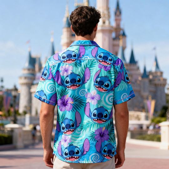 Discover Stitch Floral Hawaiian Shirt, Cute Cartoon Tropical Button Up, Summer Vacation Beach Shirt, Family Trip Outfit 2026