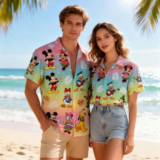 Discover Disney Characters Hawaiian Shirt, Mickey Minnie Donald Goofy Pluto Aloha Shirt, Tropical Pastel Beach Button Up, Summer Vacation Outfit 2026