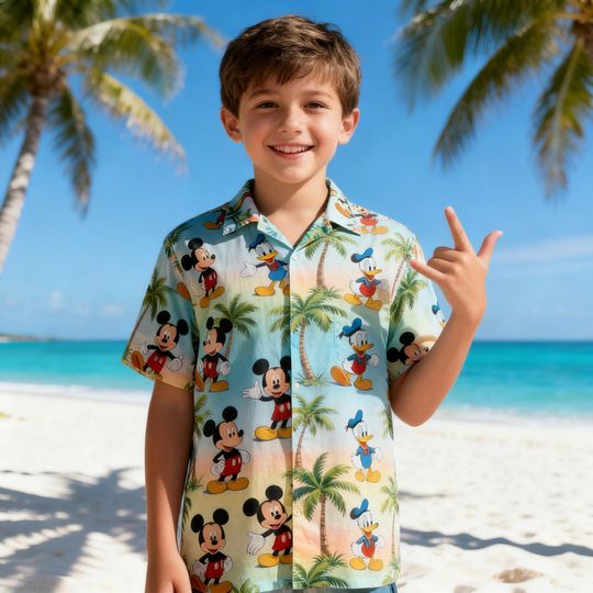 Discover Disney Mickey & Donald Duck Hawaiian Shirt for Kids, Tropical Cartoon Beach Button Up, Summer Vacation Family Trip Aloha Shirt 2026