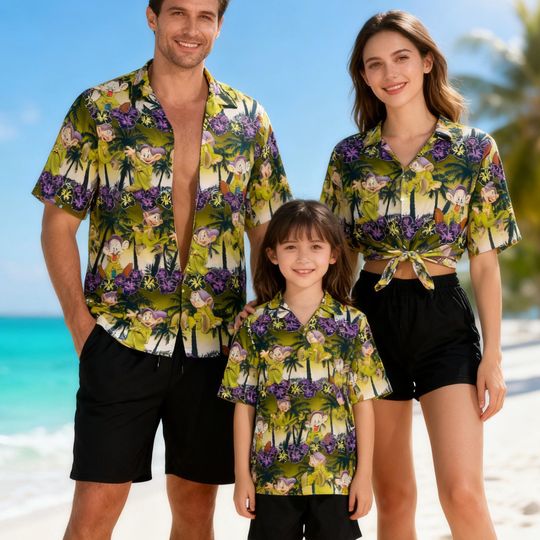Seven Dwarfs Hawaiian Shirt Family Matching Set, Disney Snow White Dwarfs Tropical Aloha Button Up, Summer Vacation Outfit for Men Women