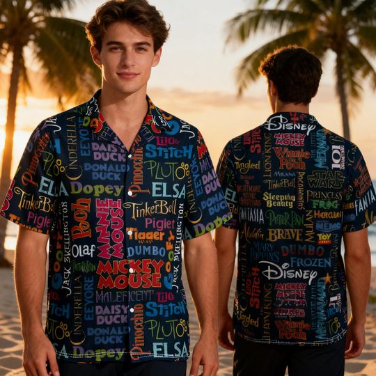 Discover DisneyCharacters Hawaiian Shirt Gift For Summer, Mickey Mouse Sgnature Stitch Elsa Summer Button Down, Funny Vacation Beach Shirt
