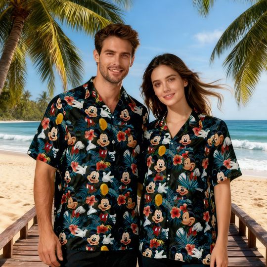 Discover Mickey Inspired Hawaiian Shirt for Men, Disney Style Summer Button Shirt, Mouse Character Vacation Beachwear