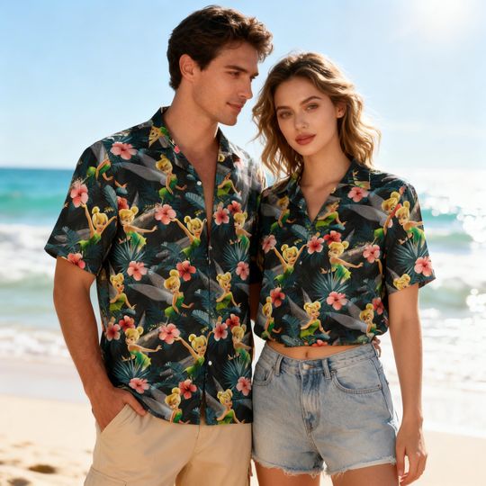 Discover Personalized Tinker Bell Fairy Hawaiian Shirt, Disney Gift for Her Him, Tropical Floral Pixie Shirt, Magical Neverland Summer Beach Wear