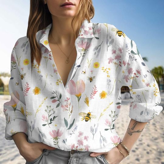 Discover Bee Wildflower Shirt, Floral Bee Print Blouse Shirt, Spring Summer Beach Outfit, Vintage Bee Botanical Casual Shirt, Bee Lover T-Shirt