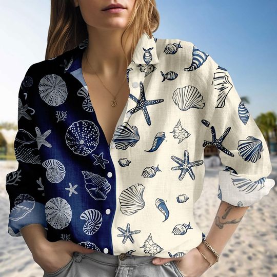 Sea Animal Printed Blouse Shirt for Women, Casual Summer Top with Fish, Crab, Starfish, and Seashells