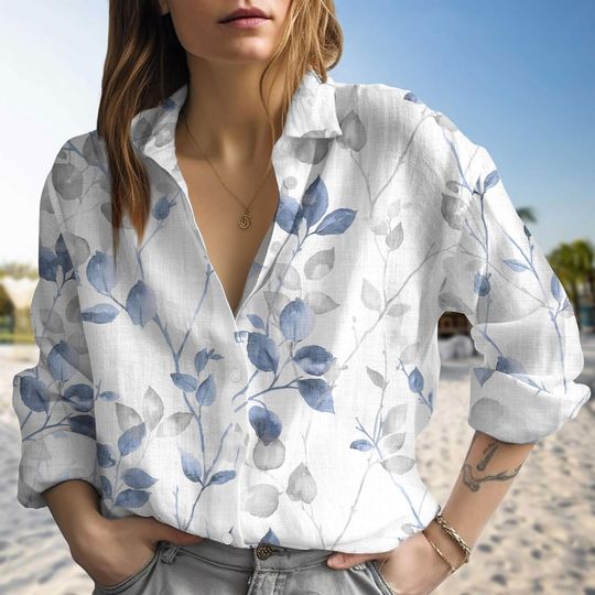 Discover Blue Leaf Print Blouse, Botanical Linen Look Shirt, Women's Casual Summer Top, Nature Lover Gift