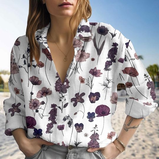 Purple Wildflower Linen Blouse Shirt for Women