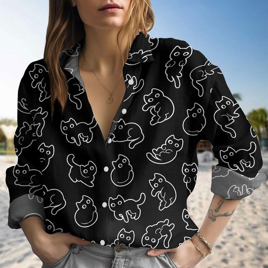 Discover Black Cat Blouse Shirt for Women, Funny Casual Cat Lover Top