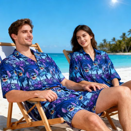 Discover Stitch Hawaiian Shirt Matching Set 2026, Tropical Beach Aloha Shirt for Men & Women, Summer Vacation Outfit, Cartoon Island Print