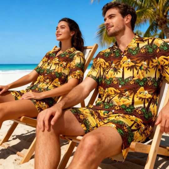 Pluto Disney Hawaiian Button-Up Shirt  Tropical Cartoon Beach Shirt, Fun Summer Vacation Outfit
