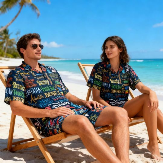 Discover Disney Character Hawaiian Shirt, Tropical Cartoon Print Button Up, Beach Summer Vacation Shirt, DisneyFamily Trip Top