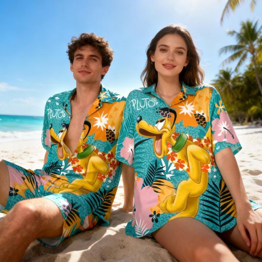 Discover Pluto Tropical Hawaiian Shirt for Men, Cartoon Dog Beach Button Up, Summer Vacation Aloha Shirt, Family Trip Outfit 2026