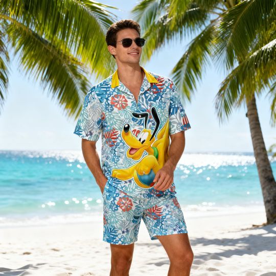Disney Pluto Hawaiian Shirt, Pluto Dog Aloha Shirt, Tropical Disney Vacation Button Up, Summer Beach Party Shirt, Pluto Fan Gift Men Women