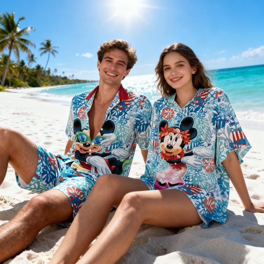 Discover Disney Mickey and Friends Aloha Shirt featuring Surfing Graphics | Unisex Palm Tree Hawaii Top | Custom Disney Family Trip Gear