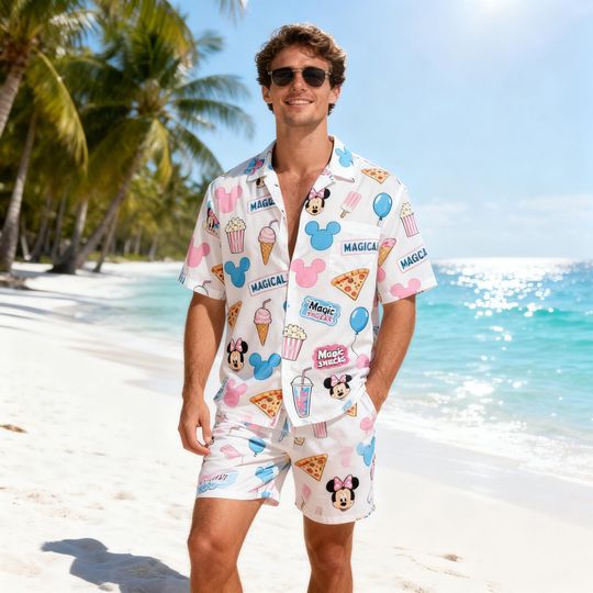 Discover Disney Mickey Minnie Magical Snacks Hawaiian Shirt, Disney Snack Aloha Shirt, Pastel Beach Button Up, Disneyland Vacation Outfit 2026