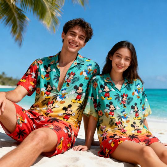 Discover Disney Mickey Hawaiian Shirt & Shorts Set for Couples, Tropical Aloha Outfit, Matching Beach Vacation Disney Summer Wear