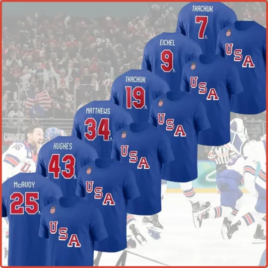 Discover US STOCK!! Player USA Full Team Hockey 2026 Name & Number T-shirt S-5XL For Fan