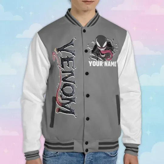 Personalized Venom Symbiote Monster Grey White Horror Comic Baseball Jacket