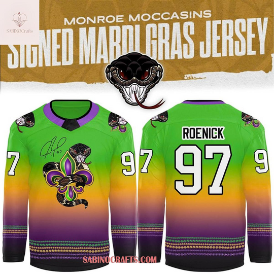 Discover Monroe Moccasins Jeremy Roenick Mardi Gras Night 2026 Hockey Jersey