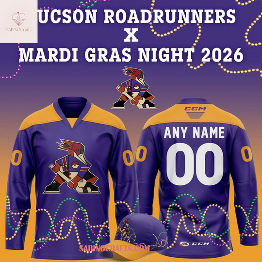 Discover Tucson Roadrunners 2026 Mardi Gras Night Personalized Hockey Jersey