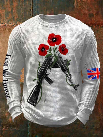 Men's Lest We Forget Print Waffle Long Sleeve T-Shirt