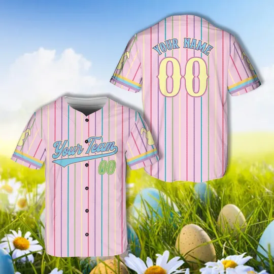 Discover Personalized Stripe Line Happy Easter Day Baseball Jersey