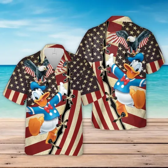 Discover Donald Duck US Flag Hawaiian Button Down Shirt