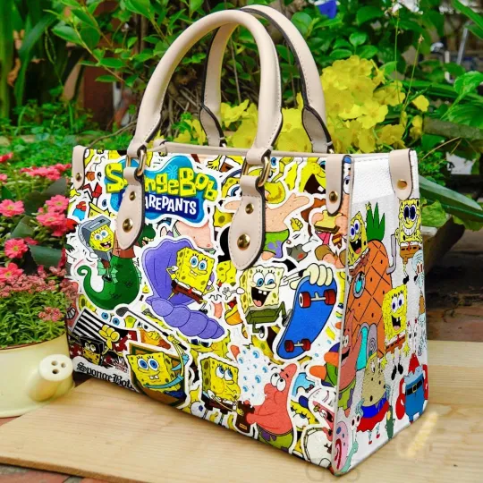 Personalized Leather Handbag Women, SpongeBob Cartoon Bag, Leather Tote for Women
