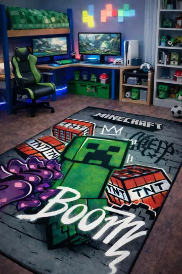 Discover Pixel Adventure Rug - Green Monster Game Carpet for Kids Room and Play