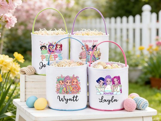 Discover Personalized Demon Hunters Easter Basket, Huntrix Kpop Bunny Easter Egg Hunt Basket, Mira Rumi Zoey Happy Easter Decor