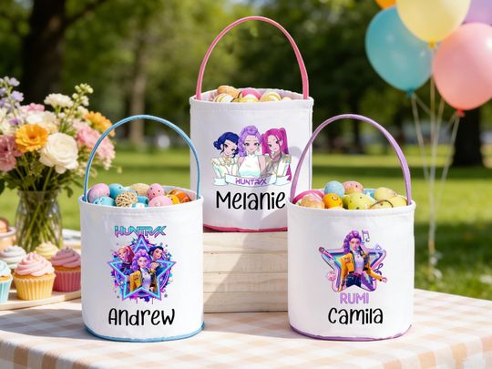 Discover Personalized Kpop Demon Hunter Huntrix&Saja Boys Basket,Mira Rumi Joey Egg Hunt Bag,Kpop Theme Basket,Huntrix Demon Hunter Merch,Easter Gift