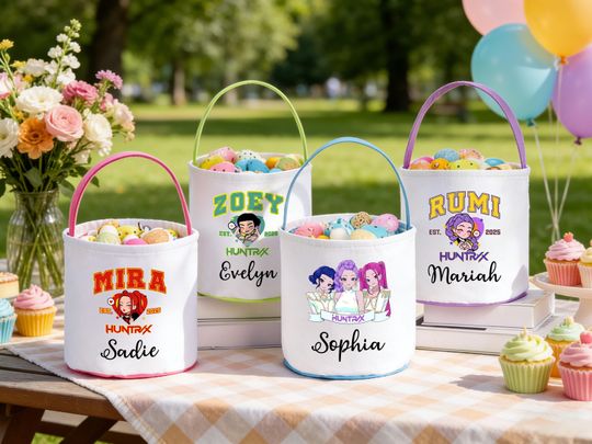 Discover Huntrix Kpop Easter Basket: Personalized Demon Hunters Tote,Custom Kpop Merch Egg Hunt Bag