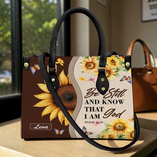 Discover Personalized Christian Leather Bag Be Still & Know God Sunflower Butterfly Gift for Women