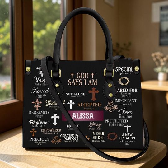 Discover God Says I Am Inspirational Christian Leather Handbag, Personalized Gifts for Women