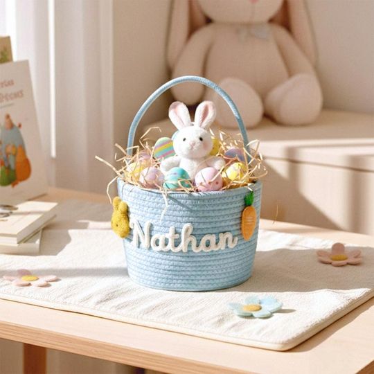 Personalized Easter Basket for Toddler Boy, Custom Name Easter Egg Hunt Basket, Neutral Baby Gift for Spring