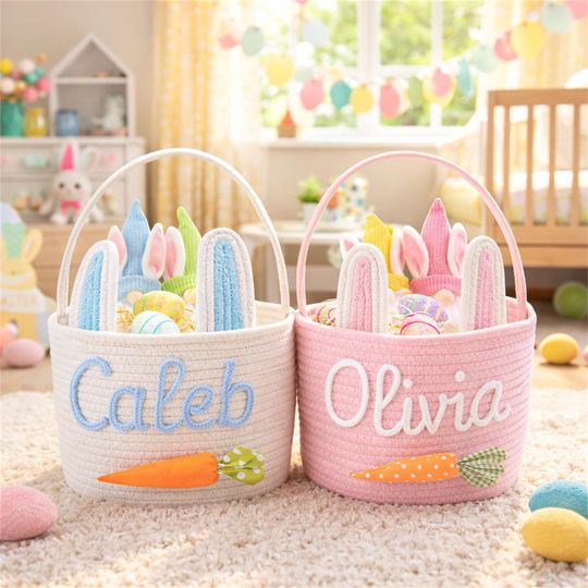 Discover Personalized Easter Basket with Name  Egg Hunt  Handmade Bunny Basket  Personalized Easter Basket  Egg Hunt  Handmade Bunny Basket