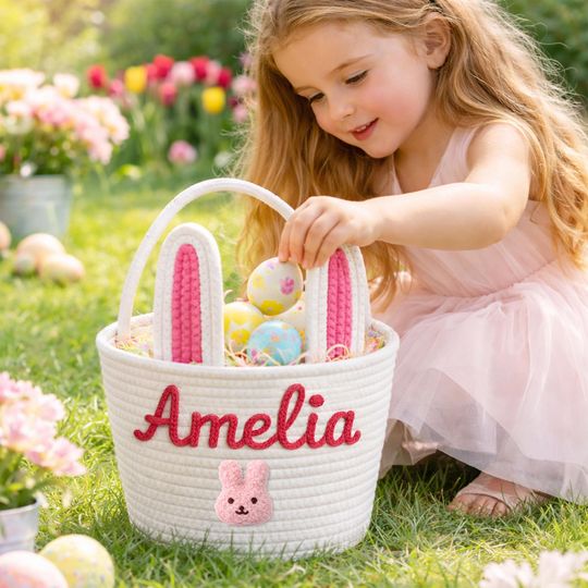 Discover Personalised Easter Basket with Name, Custom Bunny Ear Design, Perfect for Kids Egg Hunts basket, Easter Keepsake, Neutral Baby Gift Spring