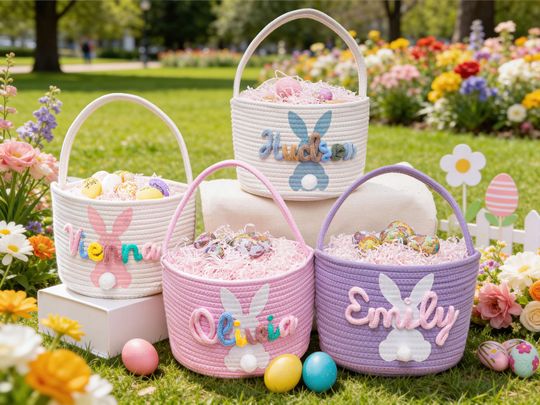 Discover Personalized Bunny Easter Basket, Custom Name Baby Easter Gift Basket, Easter Egg Hunt Basket, Cotton Rope Storage Basket, Easter Bucket