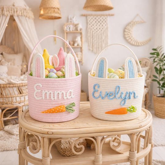 Discover Personalized Cotton Rope Easter Basket, Bunny Egg Hunt Keepsake, Toddler Boy Gift