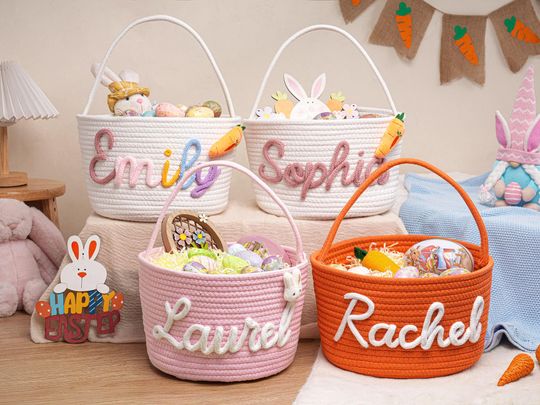 Discover Personalized Easter Basket with Name, Handwoven Rope Basket, Easter Bunny Gift for Kids, Easter Egg Hunt Basket, Baby Shower Gift