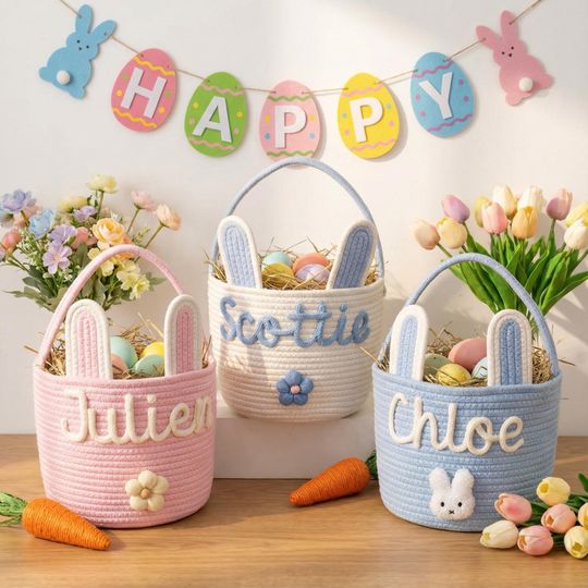 Discover Personalized Easter Basket with Name  Egg Hunt  Handmade Bunny Basket  Personalized Easter Basket  Egg Hunt  Handmade Bunny Basket